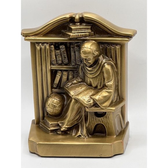 Vtg USA Philadelphia Manufacturing PM Solid Brass Bookend Monk Bishop Scholar - Picture 1 of 4